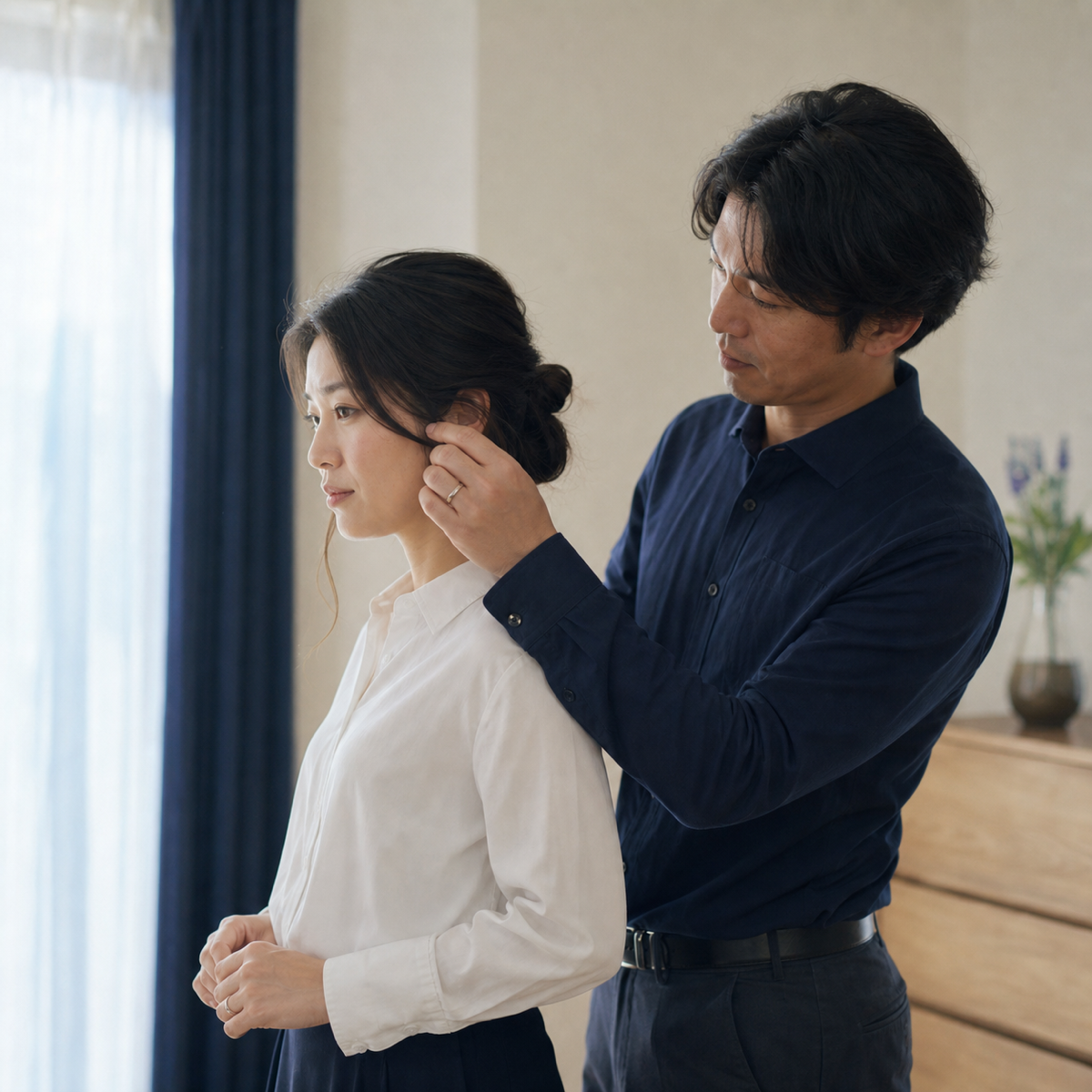 鏡に映る自分を見ながらイヤリングをつける女性