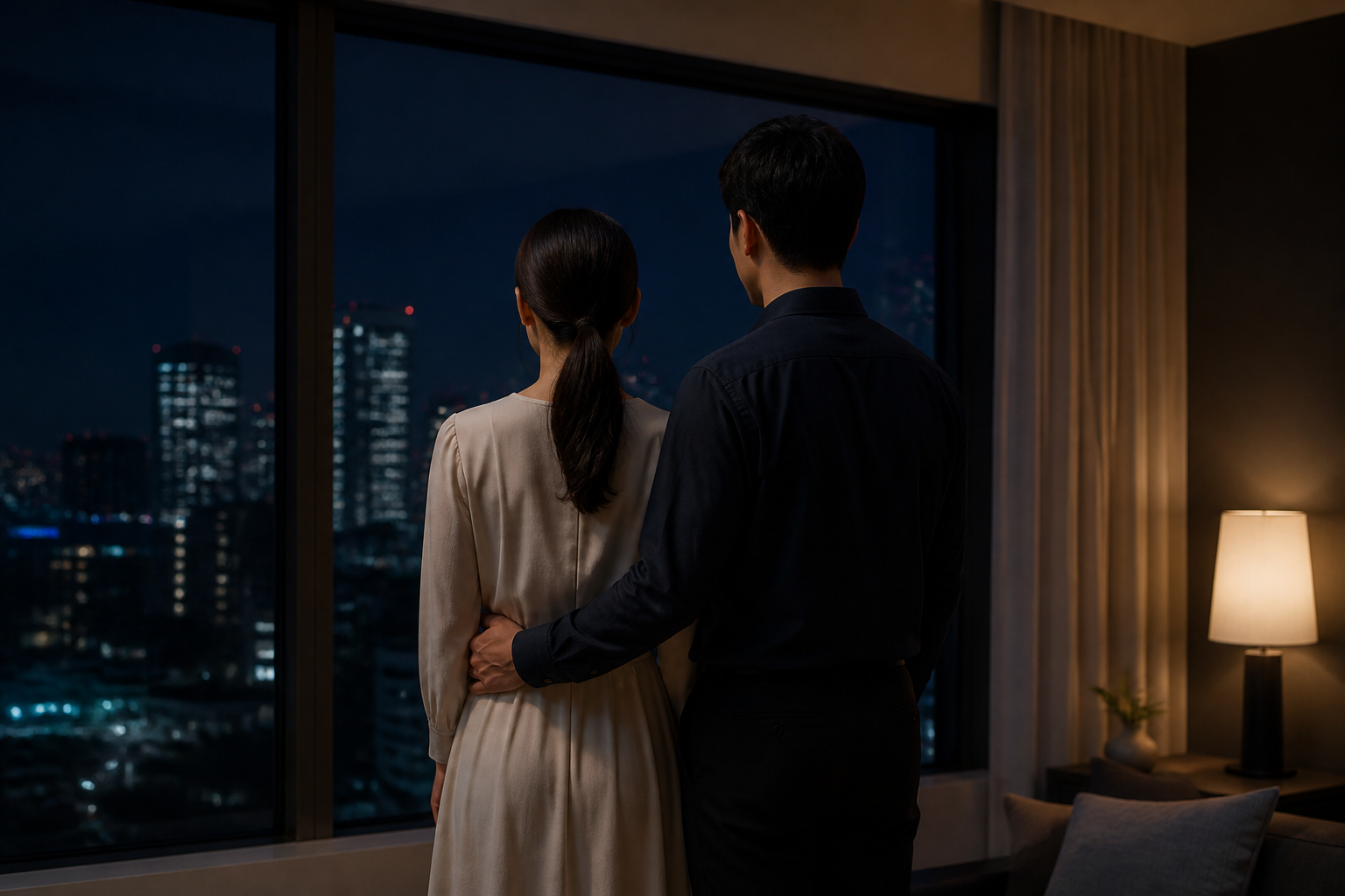 夜の窓ガラスに映る女性の姿