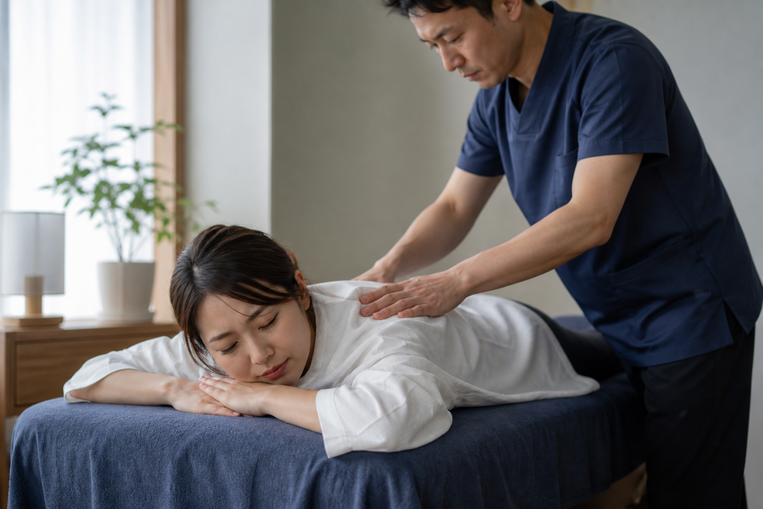 施術ベッドの端に座り、静かに目を伏せている女性