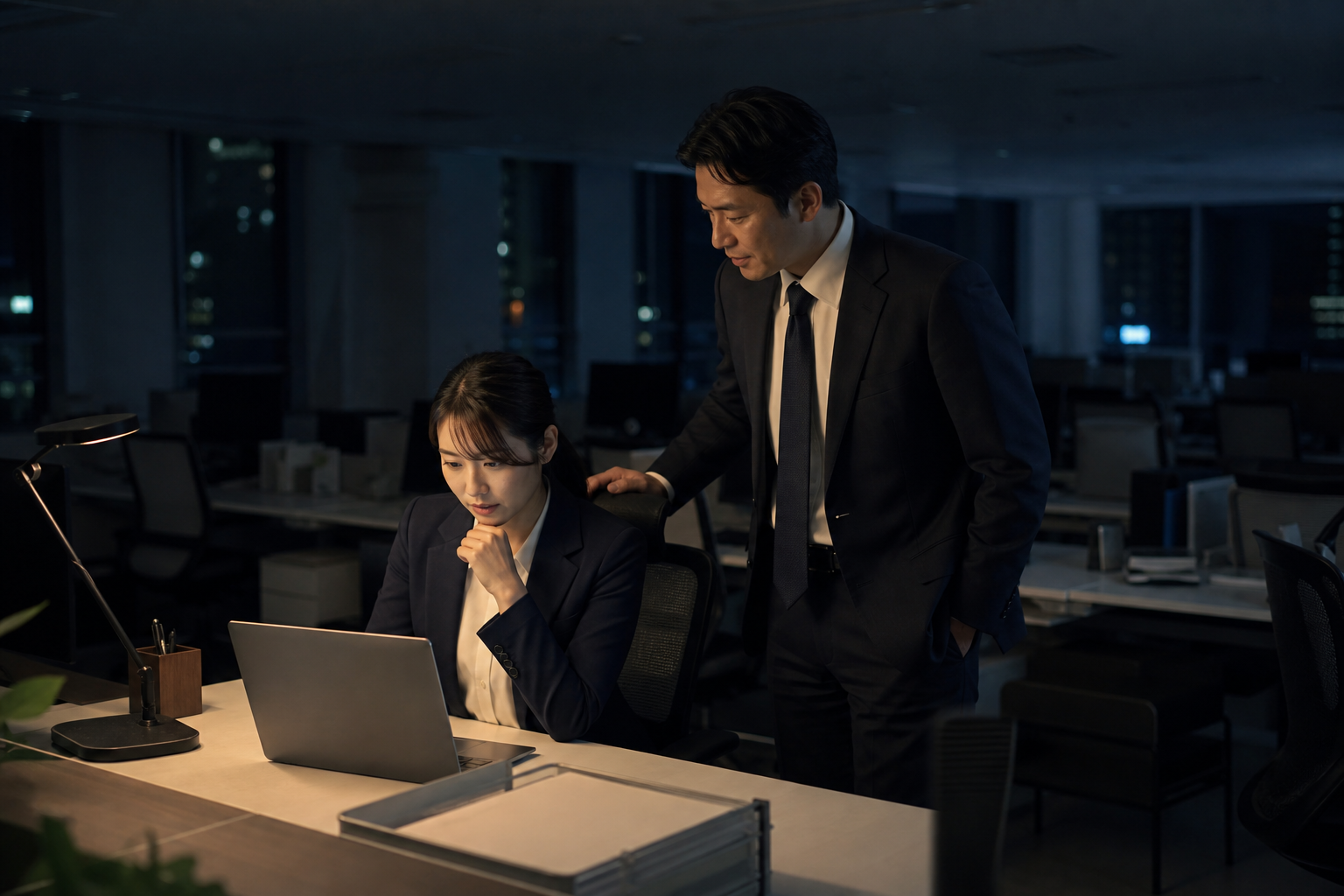 夜のオフィスの窓辺で書類を胸に抱えて立つ女性