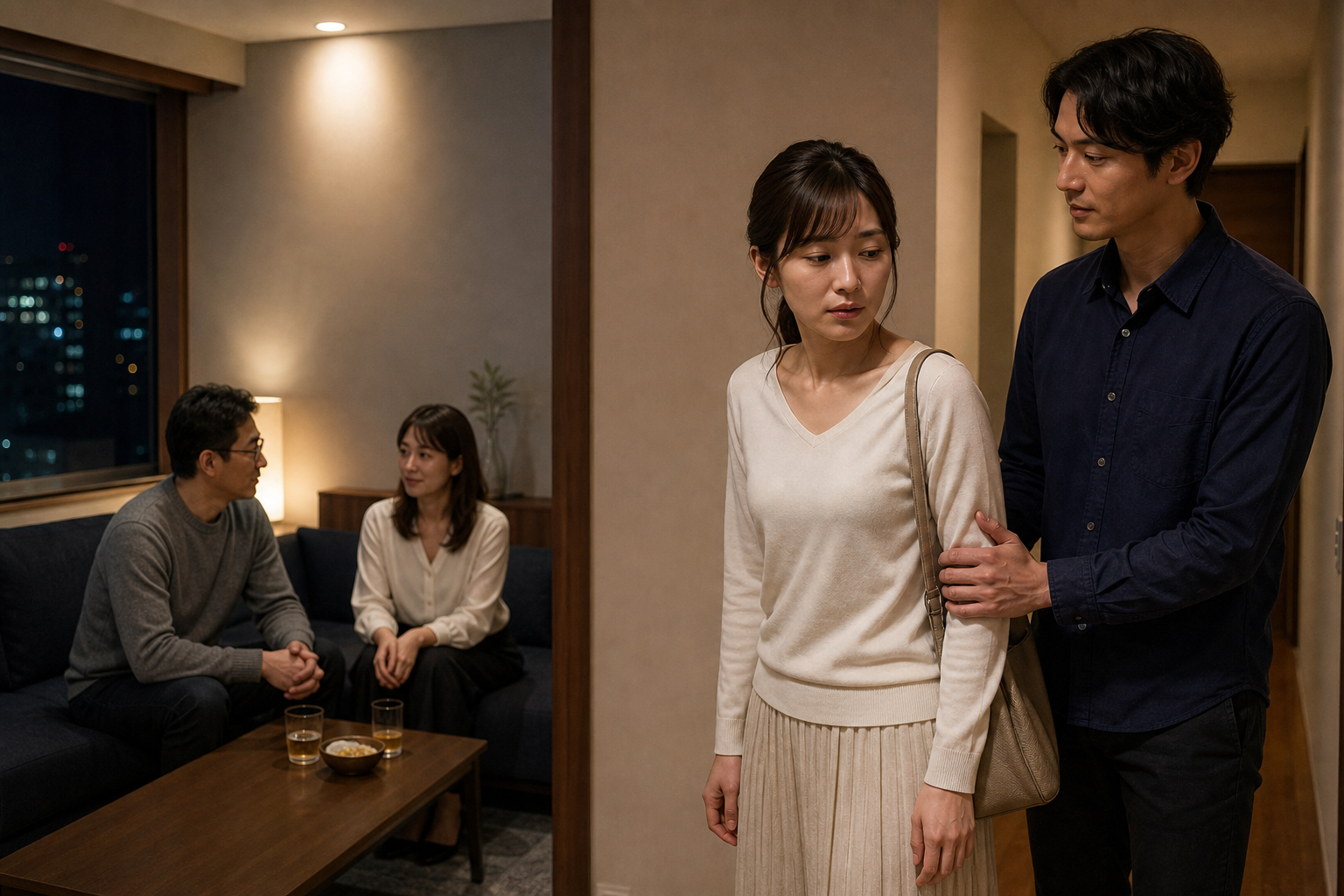 暗いリビングのソファに座り、閉じた扉の方を見ている女性