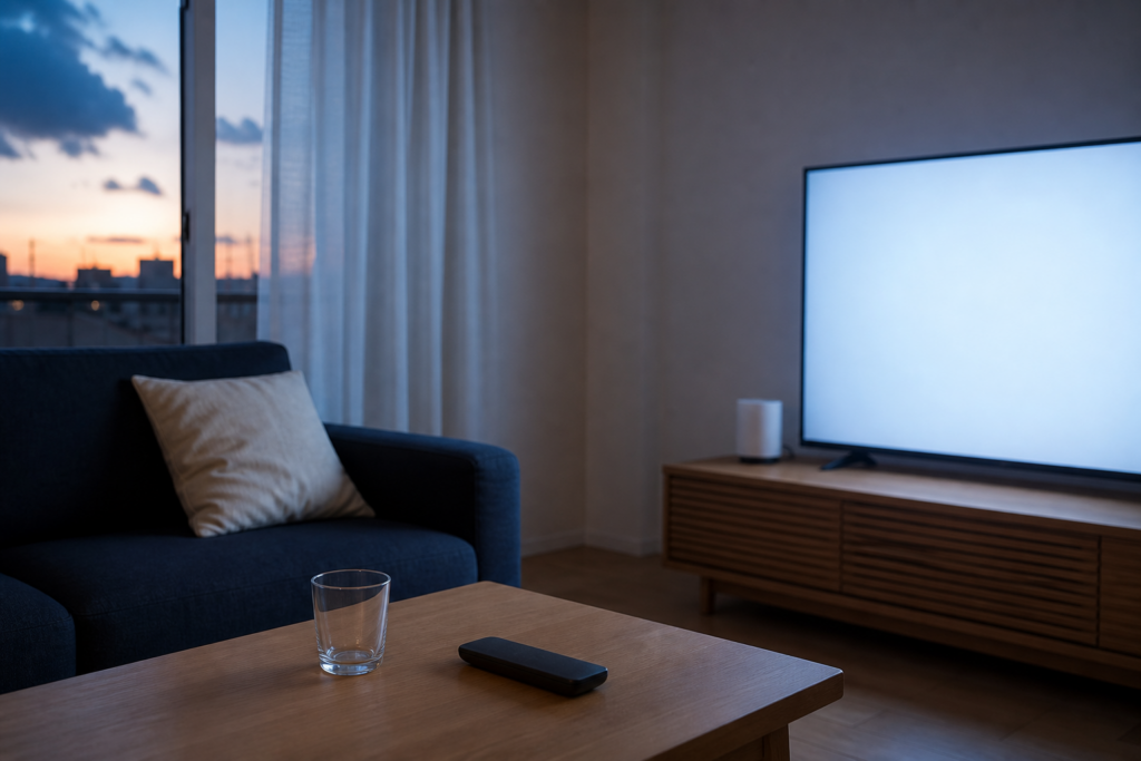 誰もいない夕暮れのリビング。点いたままのテレビとリモコン、空のグラス。