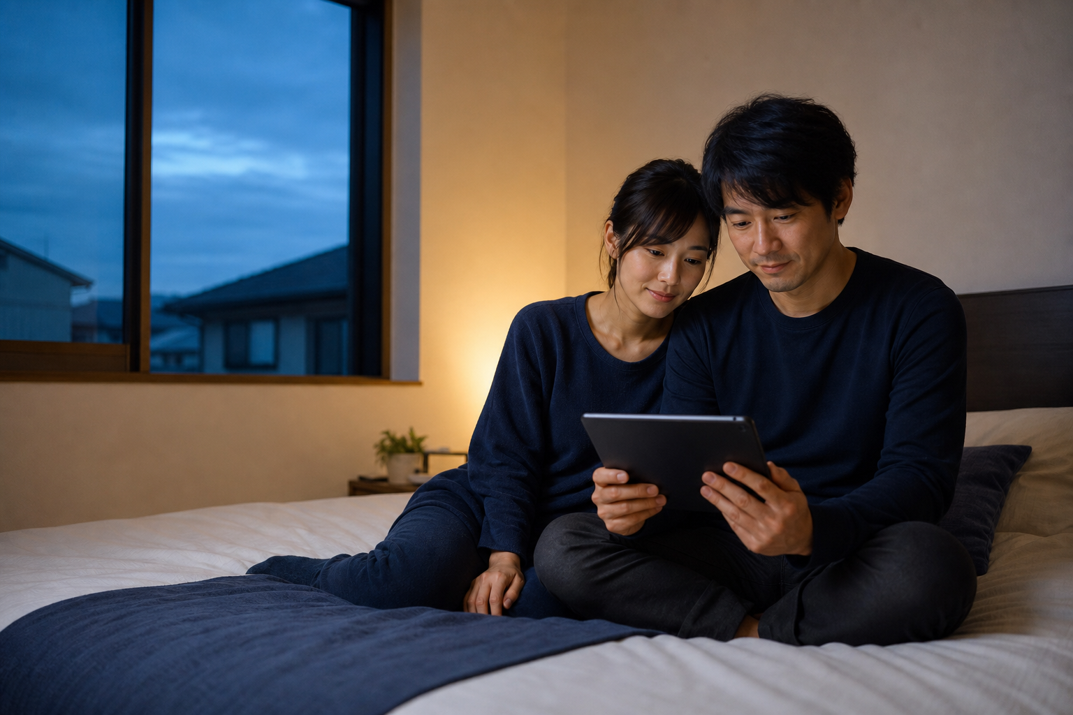 夕暮れのソファでスマートフォンを胸に抱え、視線を外している女性